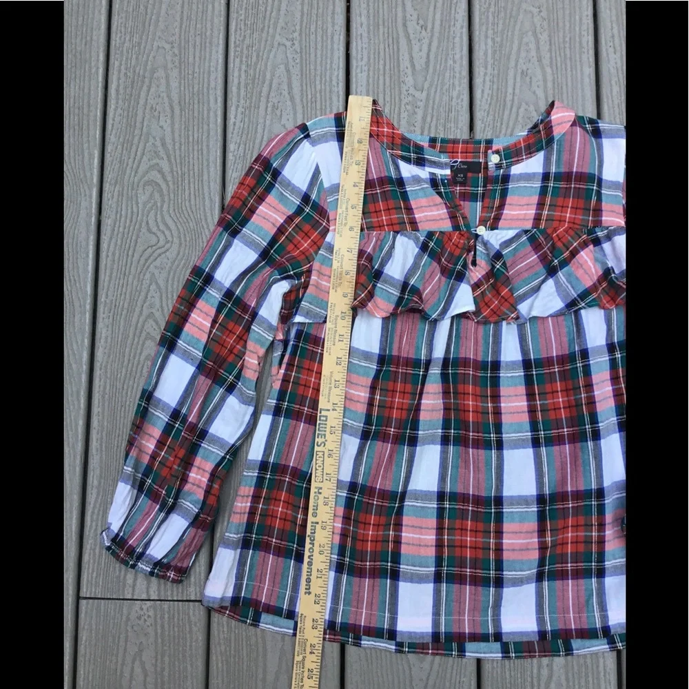 J.Crew Ruffle long sleeve blouse.Red, green, black, gold sparkle thread plaid XS - Picture 6 of 9